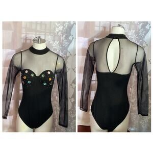 Vtg 90’s Black Sheer Crotch Snap Bodysuit Embellished Jewels Dance Stretch Med.